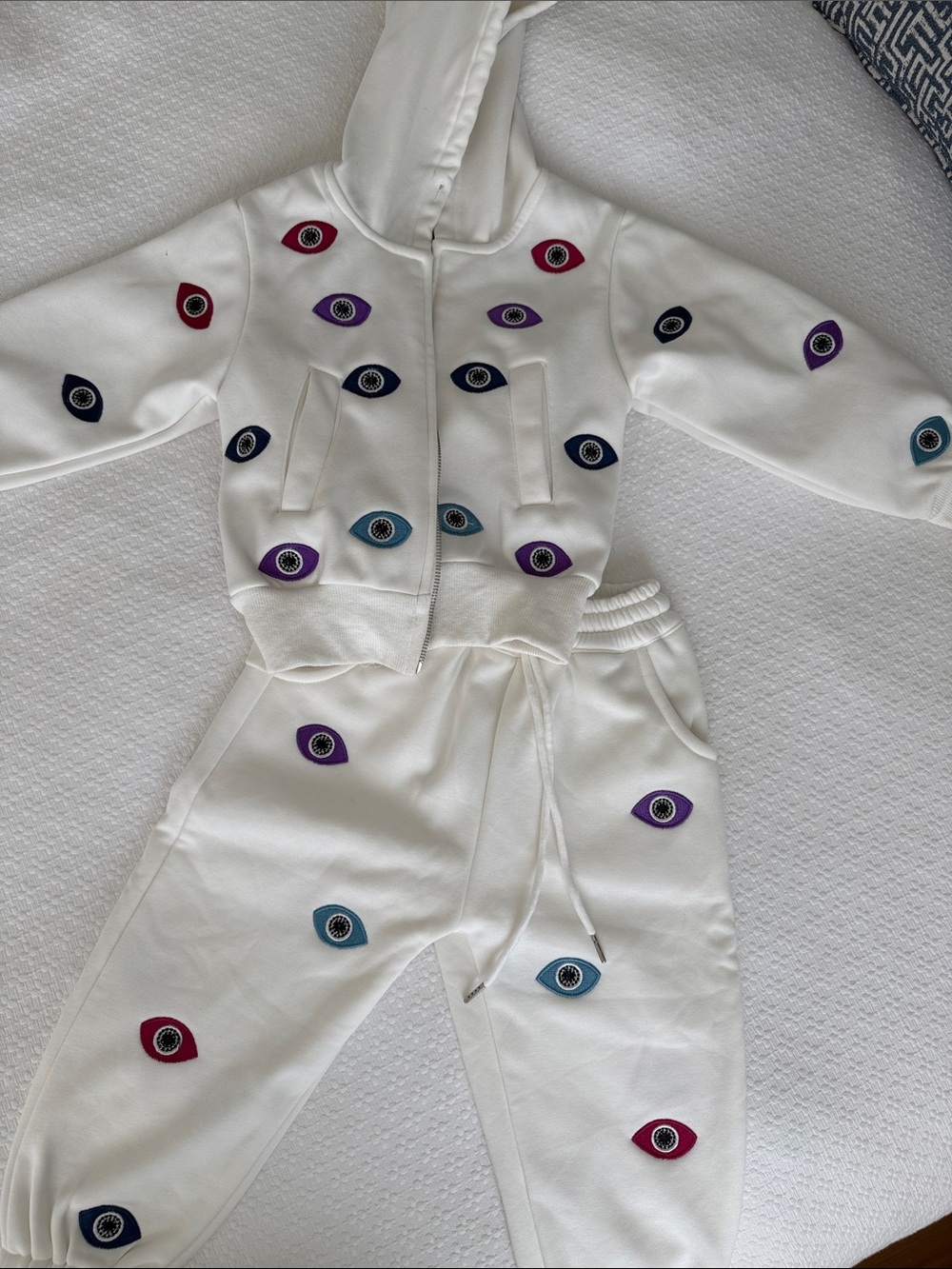 Lola + The Boys White Hoodie & Sweatpants Set with Multicolor Eye Appliqués